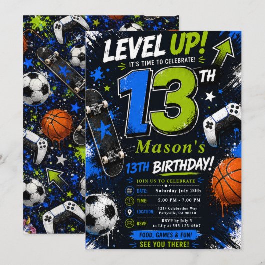 レベルアップ ゲーム スポーツ 誕生日 招待状 (正面/裏面)