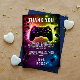 レベルアップ!ネオンビデオゲーム誕生日パーティー サンキューカード