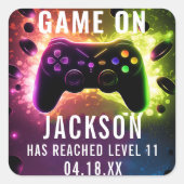 レベルアップ！ネオンビデオゲーム誕生日パーティー スクエアシール (正面)