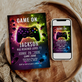 レベルアップ!ネオンビデオゲーム誕生日パーティー 招待状