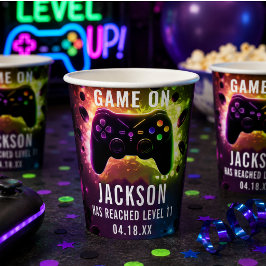 レベルアップ!ネオン ビデオゲーム 誕生日パーティー 紙コップ