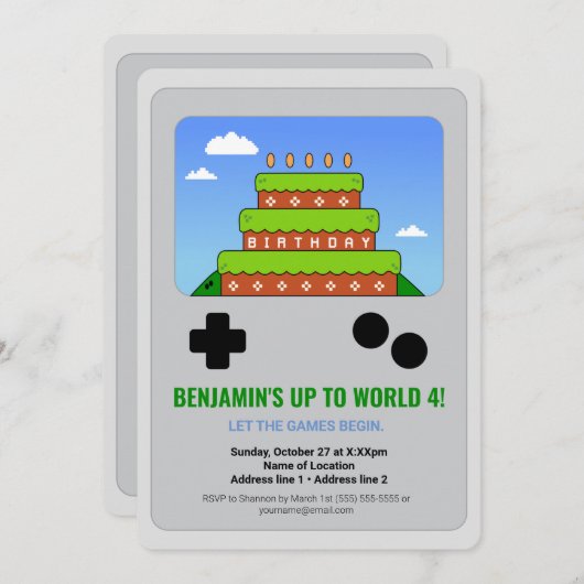 レベルアップ！ プリント可能なビデオゲームパーティーの招待状 招待状 (正面/裏面)
