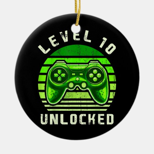 レベル10ロック解除ビデオゲーム10th誕生日ゲーマー セラミックオーナメント (正面)