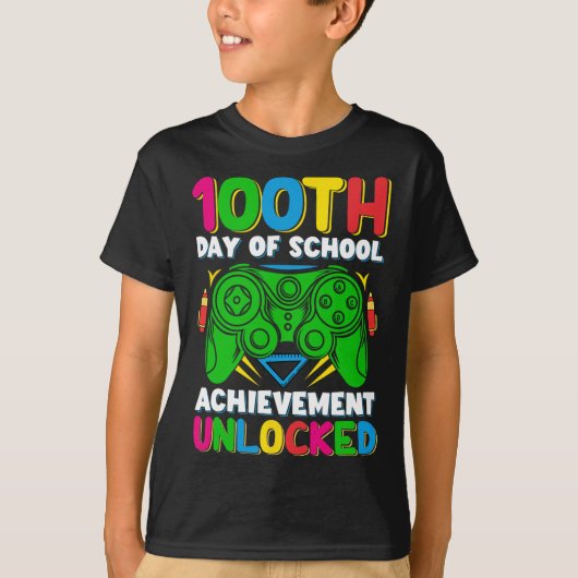 レベル100学校の日のロック解除ゲーマー100日 Tシャツ (正面)