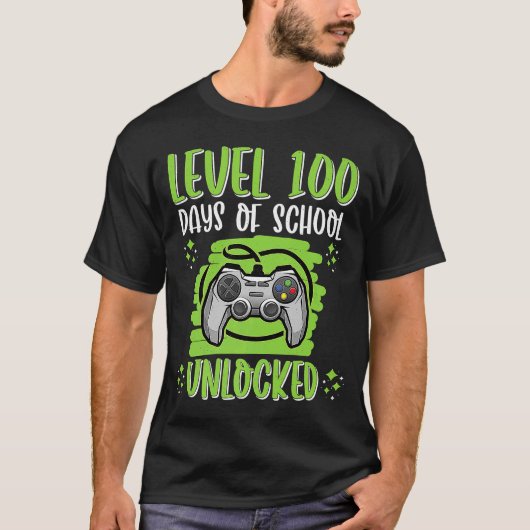 レベル100学校ゲーマーBの100日のロックを解除す頭が切れるる Tシャツ (正面)