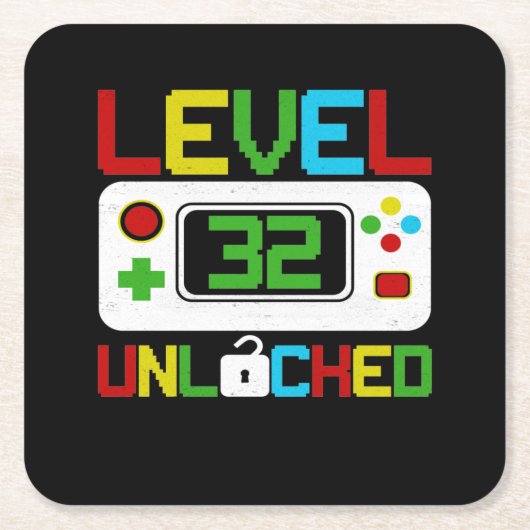 レベル32ロック解除済みビデオゲーム第10誕生日ギフト スクエアペーパーコースター (正面)