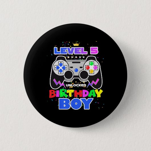 レベル5解除済みビデオゲーム 誕生日おめでとう ボイ・ゲーマー 5歳 缶バッジ (正面)