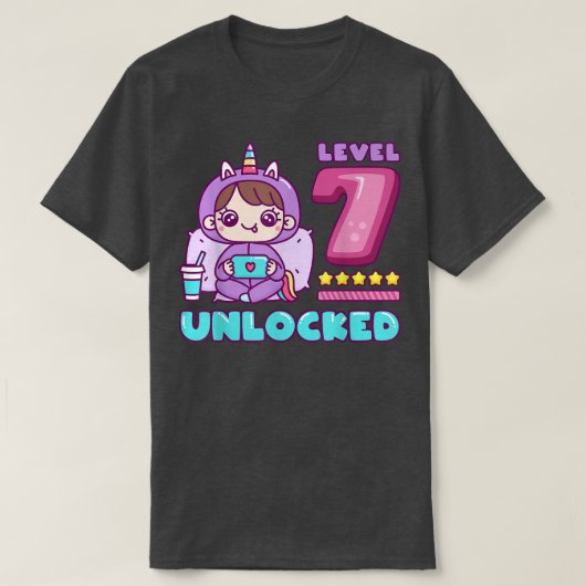 レベル7アンロック、ユニコーンゲーマーガール誕生日7 Tシャツ (デザイン正面)