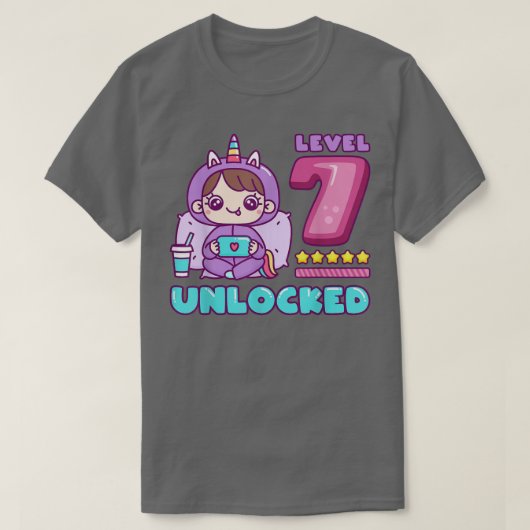レベル7ロック解除されたユニコーンゲーマーガール誕生日7 T- Tシャツ (デザイン正面)