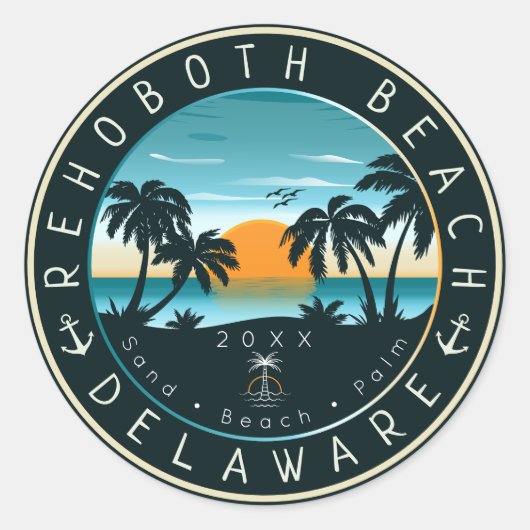 レホ両方ビーチデラウェアサンセットレトロ土産80s ラウンドシール (正面)