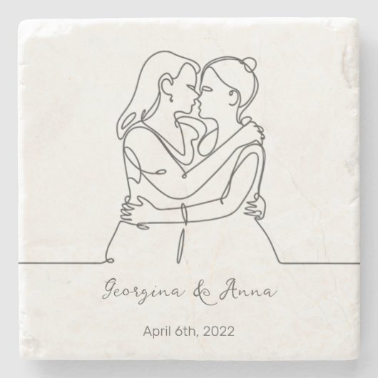 レミニマルスパーソナライズされたビアンカップルのラインアート ストーンコースター (正面)