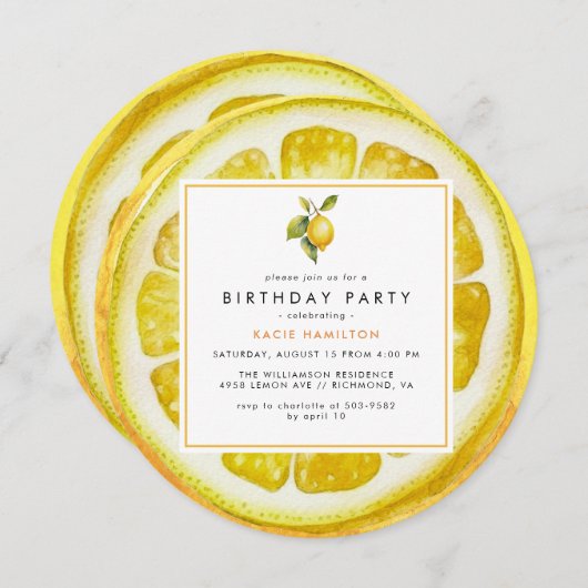 レモおもしろいンスライス |ブライトイエローシトラス誕生日 招待状 (正面/裏面)