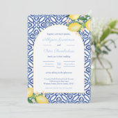 レモイタリアンンアーチ形の青い白い結婚タイル 招待状 (スタンド正面)