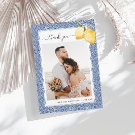 レモイタリアンンズブルーのタイル写真の宛先の結婚式 サンキューカード