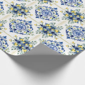 レモイタリアンンフローラタイル青と白のデコページ ラッピングペーパー (角)
