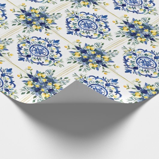 レモイタリアンンフローラタイル青と白のデコページ ラッピングペーパー (角)
