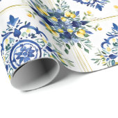 レモイタリアンンフローラタイル青と白のデコページ ラッピングペーパー (ロールコーナー)