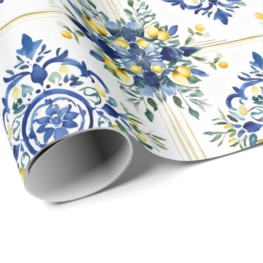 レモイタリアンンフローラタイル青と白のデコページ ラッピングペーパー (ロールコーナー)
