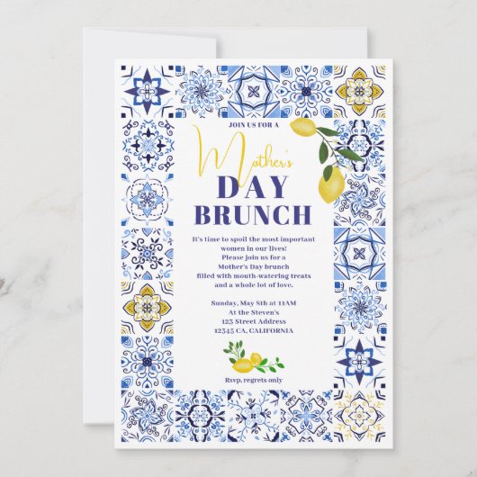 レモイタリアンンブルーのタイル水の色の母の日 招待状 (正面)