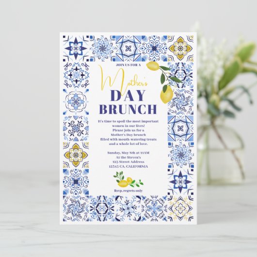 レモイタリアンンブルーのタイル水の色の母の日 招待状 (スタンド正面)