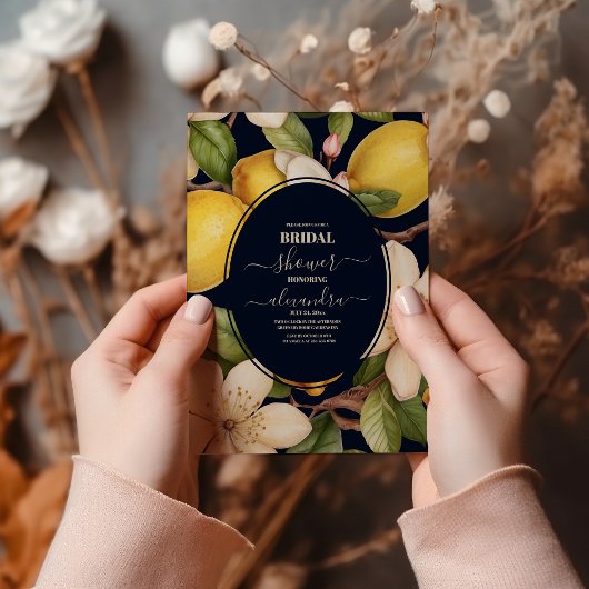 レモイタリアンンブルーフローラスクリプトブライダルシャワー 招待状