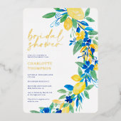 レモイタリアンンブルーフローラスクリプトブライダルシャワー 箔招待状 (正面)