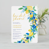 レモイタリアンンブルーフローラスクリプトブライダルシャワー 箔招待状 (立ち正面)