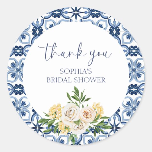 レモイタリアンンブルー結婚タイル感謝ステッカー ラウンドシール (正面)