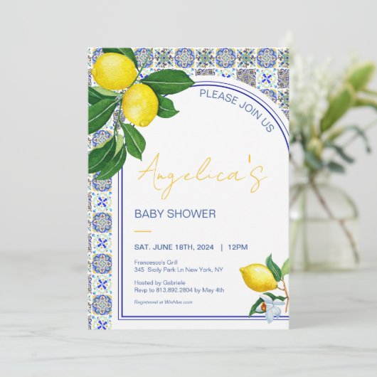レモイタリアンン地中海のモザイク赤ちゃんシャワー 招待状 (スタンド正面)