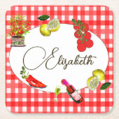 レモイタリアンン地中海のレッド白色パターン スクエアペーパーコースター (正面)