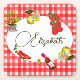 レモイタリアンン地中海のレッド白色パターン スクエアペーパーコースター