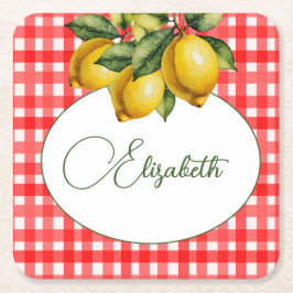 レモイタリアンン植物赤色ホワイトパターン スクエアペーパーコースター