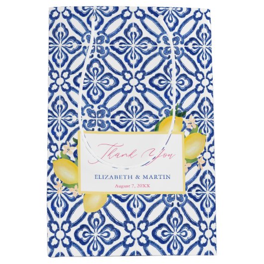 レモイタリアンン結婚ズの青と白のタイル ミディアムペーパーバッグ (正面)