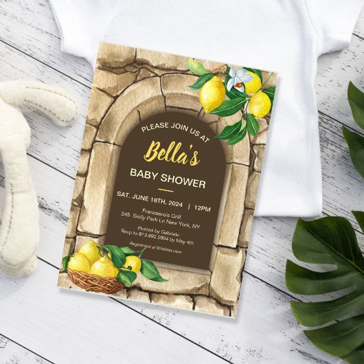 レモイタリアン地中海のン素朴ベイビー・シャワー 招待状