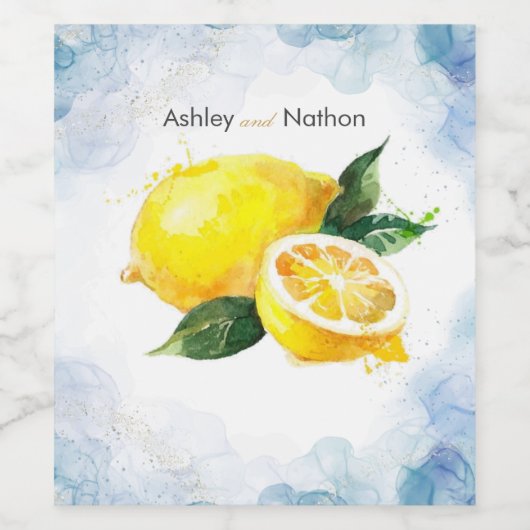 レモエレガントンイエロー&ブルーウォーター結婚カラー ワインラベル (シングルラベル)