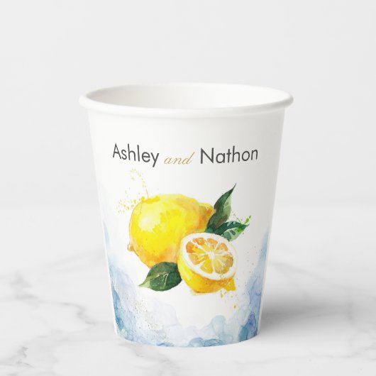 レモエレガントンイエロー&ブルーウォーター結婚カラー 紙コップ (正面)