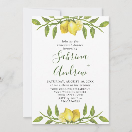 レモエレガントンウォーターカラーグリーンリハーサルディナー 招待状 (正面)