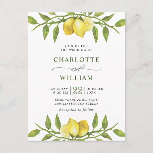 レモエレガントンズグリーンリー結婚式招待状 ポストカード (正面)