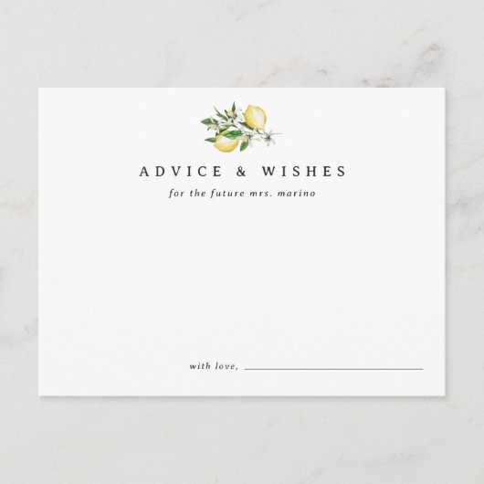 レモエレガントンミニマルブライダルシャワーアドバイスカード ポストカード (正面)