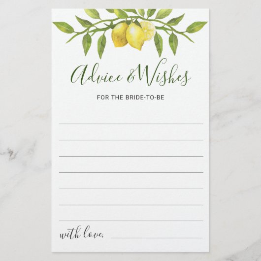 レモエレガントン水彩ブライダルシャワーアドバイスカード (正面)