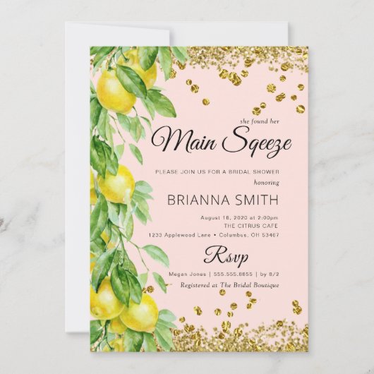 レモエレガントン金ゴールドグリッターブライダルシャワー 招待状 (正面)