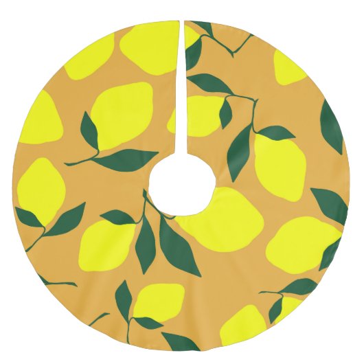 レモシンプルン柄、オレンジ色の背景。 ブラッシュドポリエステルツリースカート (正面)