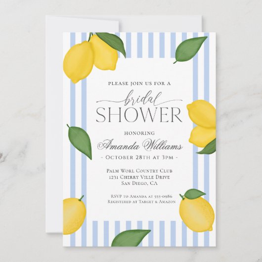 レモストライプのンイタリアン地中海のブライダルシャワー 招待状 (正面)
