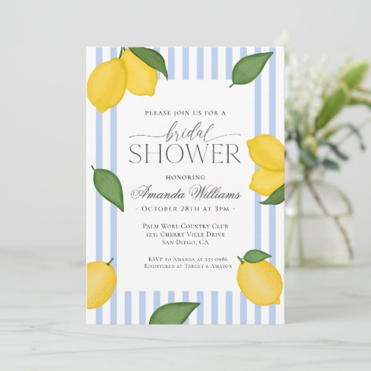 レモストライプのンイタリアン地中海のブライダルシャワー 招待状 (スタンド正面)