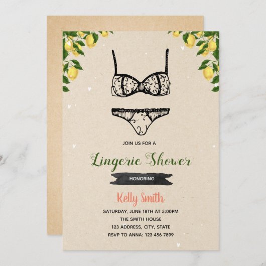 レモネードとランジェリーパーティーシャワーの招待 招待状 (正面/裏面)