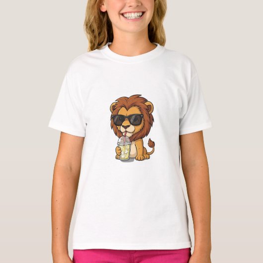 レモネードを飲むかっこいいライオン 子供服 Tシャツ (正面)