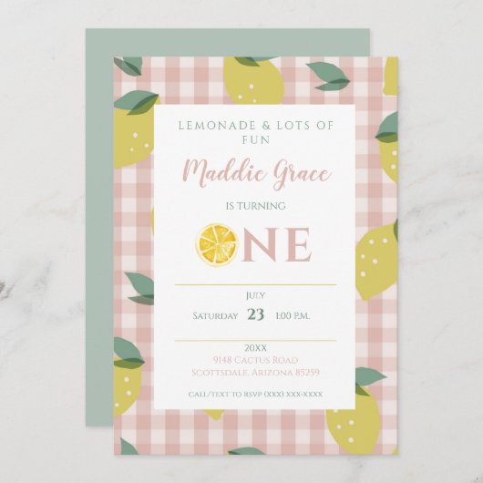 レモネードサンシャインピンクプレイドファースト誕生日インヴィータ 招待状 (正面/裏面)