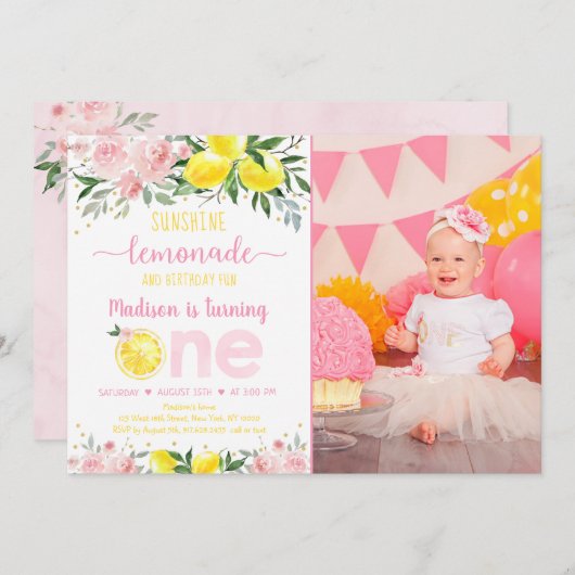 レモネードサンシャインピンク金ゴールドフローラファースト誕生日 招待状 (正面/裏面)
