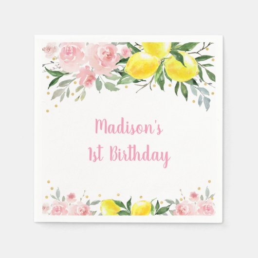 レモネードサンシャインピンク金ゴールドフローラ誕生日 スタンダードカクテルナプキン (正面)