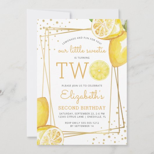 レモネードシトラスウォーターカラー2nd誕生日パーティー 招待状 (正面)